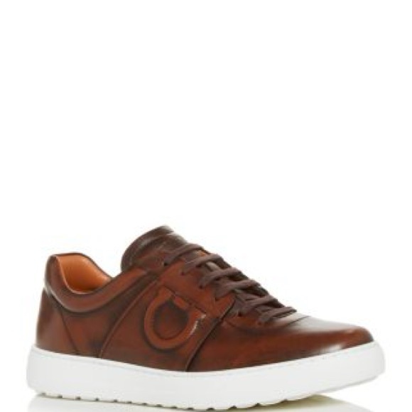Salvatore Ferragamo Men's Brown Leather Casual Sneakers - Classic Low-Top 11.5
